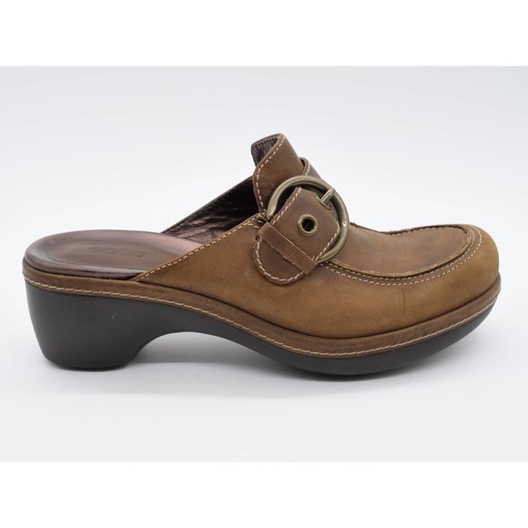 Ecco Mules Womens 8 Brown Leather Moc Toe Buckle Accent Slip On Casual Shoes - Picture 4 of 11